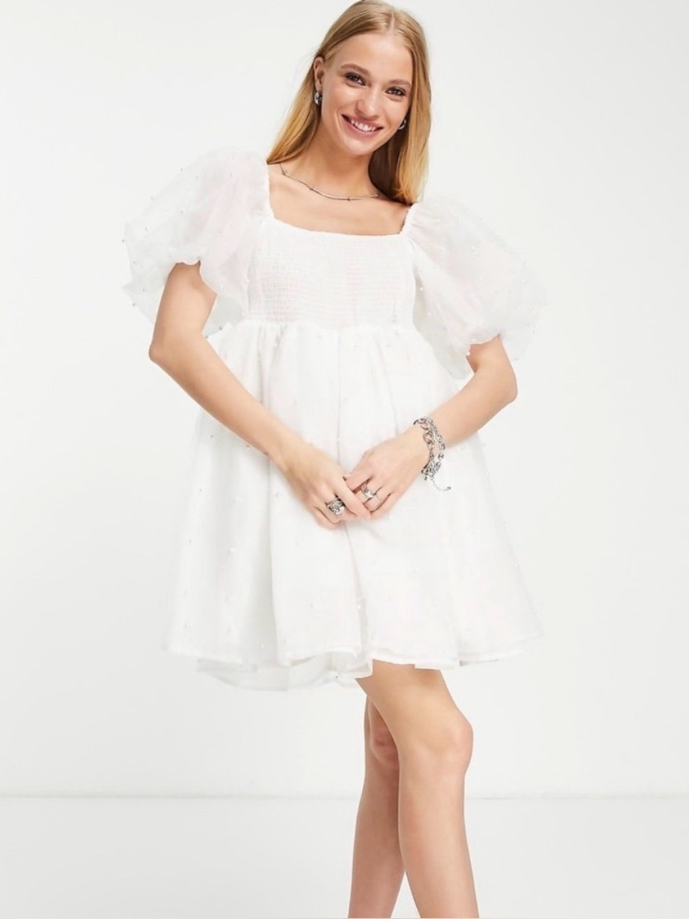 Sister Jane White Pearl Puff-Sleeve Tulle babydoll Bridal Party Dress